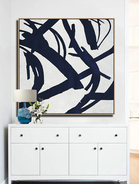 Extra Large Painting,Minimalist Navy Blue And White Painting,Acrylic Painting Large Wall Art